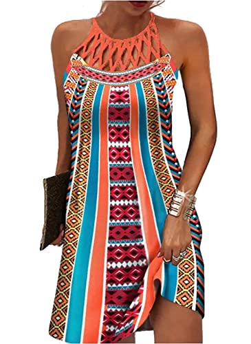 Size XL Orange Bohemia Summer Dresses for Women 2024 Casual Floral Hollow Out Halter Neck A-line Cold Shoulder Sundresses for Beach Vacation Holiday