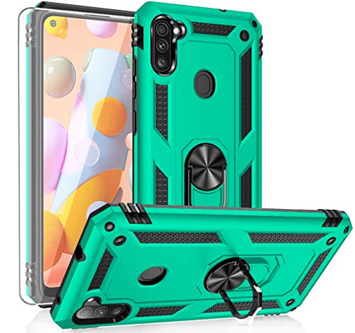 YZOK for Galaxy A11 Case,Samsung A11 Case,with HD Screen Protector,[Military Grade] Ring Car Mount Kickstand Hybrid Hard PC Soft TPU Shockproof Protective Case for Samsung Galaxy A11 (Teal)