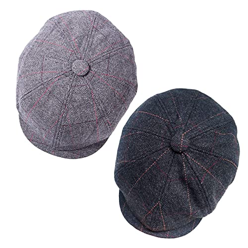 2 Pack Newsboy Hats for Men Classic 8 Panel Wool Blend Gatsby Ivy Hat, A-Black/Grey