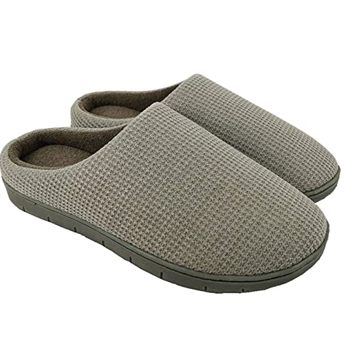 ofoot Womens Cotton Waffle Knit House Slippers Cozy Breathable Terry Lining Memory Foam Insole Indoor Outdoor Scuffs Non Slip Rubber Sole (Green, US 8-9)