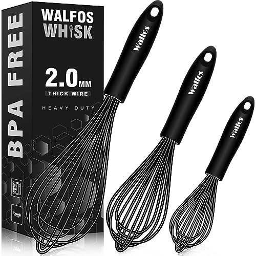 Walfos Silicone Whisk, Stainless Steel Wire Whisk Set of 3 -Heat Resistant Kitchen Whisks for Non-stick Cookware, Balloon Egg Beater Perfect for Blending, Whisking, Beating, Frothing & Stirring, Black