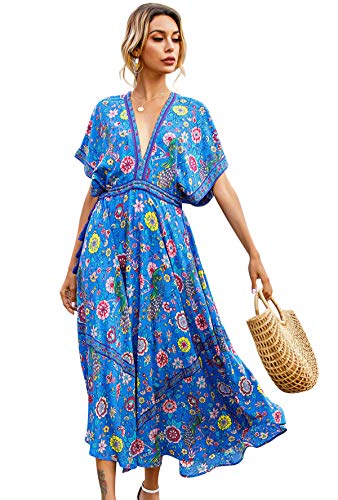 R.Vivimos Women Summer Print Deep V Neck Cotton Beach Midi Dresses (XL, Blue)