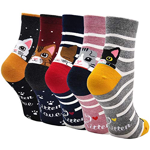 Hellomamma Women Ankle Socks Cotton Cute Cat Animal Casual Dress Sox Girls Funny Colorful Novelty Sock 5 Pairs