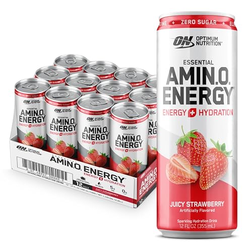 Optimum Nutrition Amino Energy Sparkling Hydration Drink, Electrolytes, Caffeine, Amino Acids, BCAAs, Sugar Free, Juicy Strawberry, 12 Fl Oz, 12 Pack (Packaging May Vary)