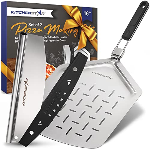 16' Pizza Making Kit by kitchenStar (Set of 2) - Pizza Cutter Rocker Knife with Blade Cover (16 inch) + Stainless Steel Pizza Peel with Folding Handle (13 inch) - Ultimate Pizza Oven Accessories