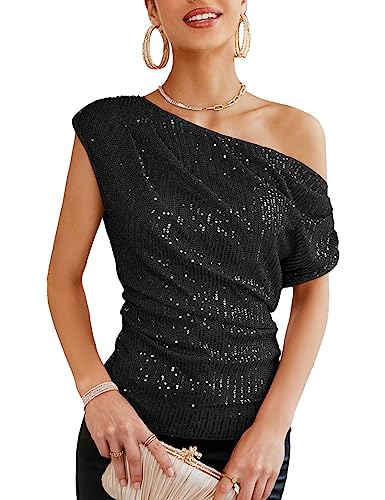 Ruched Cold Shoulder Sequin Party Tops for Women 2024 Dressy Asymmetrical Sleeve Sparkle Tops Girls Fancy Glitter Shimmer Going Out Tops Black XL