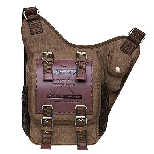 Mens Boys Vintage Canvas Shoulder Military Messenger Bag Sling School Bags Chest Military Leather Patchwork Messenger Bag(Khaki)- Great Christmas Birthday Gift for Families and Friends