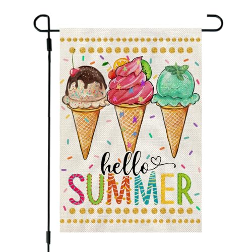 CROWNED BEAUTY Hello Summer Ice Cream Garden Flag 12x18 Inch Double Sided Small Burlap Holiday Flag for Outside Yard CF1482-12