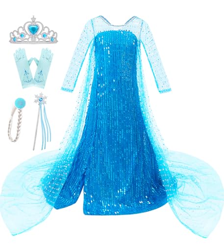 Esvaiy Girls Princess Elsa Dress Costume - Luxury Sequin Halloween Birthday Party Dress Up Kids 3t 4t 5t 6t 7t 8t (4-5 Years, Blue)