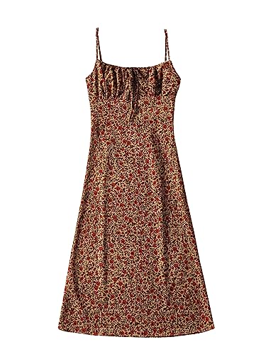 Omoone Women's Floral Dress Low-Cut Square Neck Spaghetti Strap Tie Bodycorn Dresses (01 Yellow, Medium)