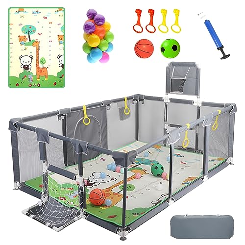 Upgrated Baby Playpen with Mat, Playpen for Babies and Toddlers, Large Playpen with Mat, Sport Playpen, Play Pen with Accessories, Baby Play Yards, PlayPen Indoor & Outdoor Activity, Sturdy Kids