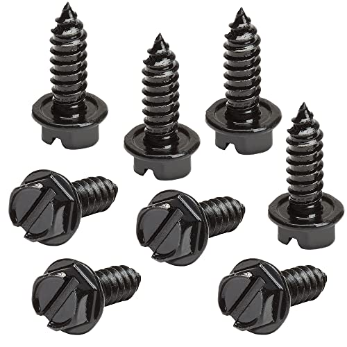 Black License Plate Screws Kit - Set of 8 Fasteners For Front and Back License Plates and License Plate Frames or Covers on Domestic Cars, Trucks, SUVs - Rustproof, Self Tapping Mounting Bolts (Black)