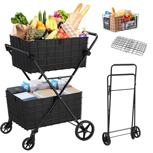 Spurgehom 2-Tier Shopping Cart with Wheels Folding Grocery Cart with Removable Double Baskets 360° Rolling Laundry Cart Compact Pet Stroller Utility Cart for Groceries with Oxford Cloth Liner, Black