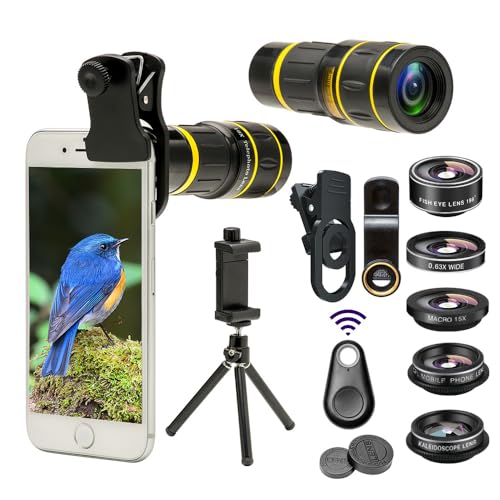 Godefa Cell Phone Camera Lens with Tripod+ Shutter Remote,6 in 1 18x Telephoto Zoom Lens/Wide Angle/Macro/Fisheye/Kaleidoscope/CPL, Clip-On lense Compatible for iPhone X 8 7 6s Plus, Samsung and More