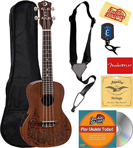 Luna Mo'o Lizard Mahogany Concert Acoustic-Electric Ukulele Bundle with Gig Bag, Strap, Tuner, Strings, Austin Bazaar Instructional DVD, and Polishing Cloth