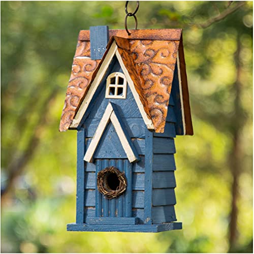 Glitzhome 12' H Retro Blue Distressed Solid Wood Cottage Birdhouse Hanging Bird House for Outdoors