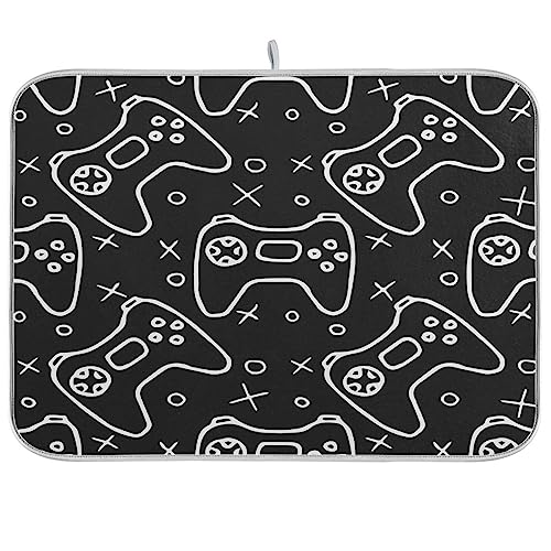Joystick Video Game Black White Dish Drying Mat For Kitchen Counter Dish Drainer Rack Mats Microfiber Ultra Absorbent Reversible Dish Drying Pad for Countertop 16 x 18 in