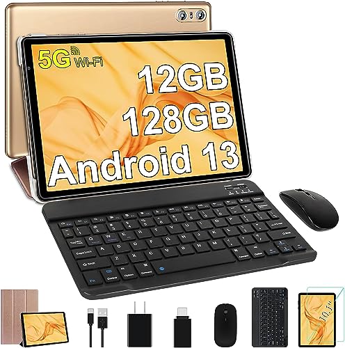 SEBBE Tablet 10 Inch Android 13 Tablet PC 12GB RAM + 128GB ROM TF 1TB Octa-Core 2.0 GHz, Google GMS | Bluetooth 5.0 | 5G WiFi | 6000mAh | 1280 * 800 | 5MP+8MP, Tablet with Keyboard and Mouse Gold