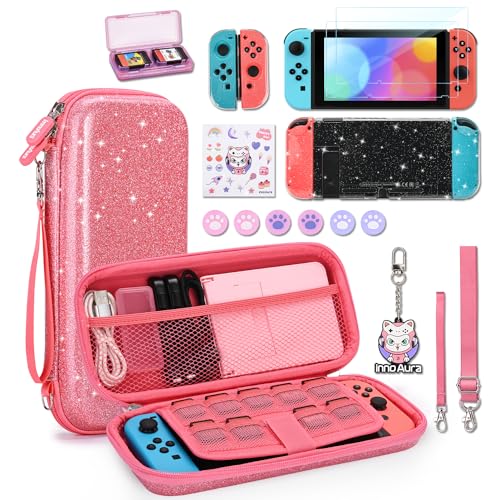 Switch Case for NS Switch, innoAura 16 in 1 Switch Accessories Bundles with Switch Carrying Case, Switch Protective Case, Switch Game Case, Switch Screen Protector, Switch Thumb Caps (Sequins Pink)