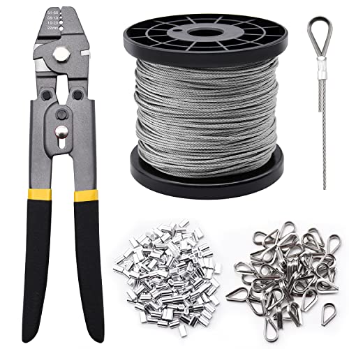 328ft Wire Rope Crimping Tool Kit, Stainless Steel Wire Rope Cable with Aluminum Crimping Sleeves and Stainless Steel Thimbles for Railing, Decking, Picture Hanging (328ft)