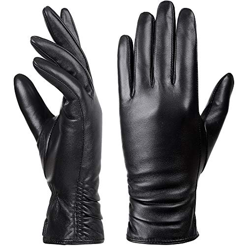 Womens Winter Leather Touchscreen Texting Warm Driving Lambskin Pure Genuine leather Gloves Black