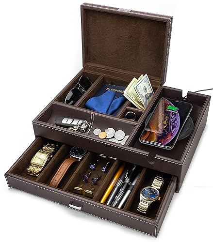 Mens Watch Box Leather Valet Tray - Bedside Table Organizer, Men's Jewelry Box, Watch Case for Men with Large Smartphone Charging Station - Jewelry Box for Men with Valet Box and Nightstand Organizer