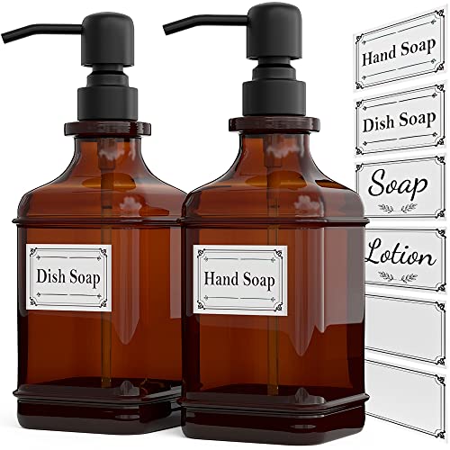 GLADPURE Soap Dispenser 2 Pack, Hand Soap Dispensers with 18 Oz Antique Design Thick Amber Glass Bottle, 316 Rust Proof Stainless Steel Black Pump, 6Pcs Stickers, for Lotion, Soap, Essential Oil