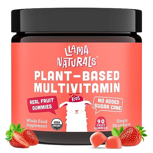 Llama Naturals Real Fruit Gummy Vitamins for Kids, No Added Sugar Cane, Beta Carotenes, Whole Food Multivitamin, Vegan Toddler Gummies, Plant Based, Organic, Chewable 90 ct (30-45 Days) Strawberry