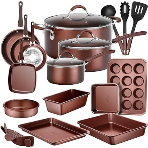 NutriChef 20 Piece Professional Home Kitchen Cookware and Bakeware, Pots and Pans Set Non Stick Kitchenware, Cool-Touch Handles, Safe for Gas, Electric, Induction Cooktops, Easy Clean, Brown