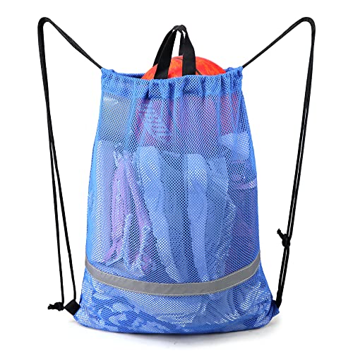 BeeGreen Blue Mesh Bag Drawstring Backpack with Zipper Pocket Swim Bag for Beach Swimming Equipment Equipment Workout Sports Excercise Gym Drawstring Bag for Adults