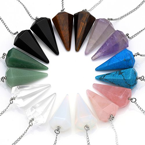 Top Plaza Natural Amethyst Rose Quartz Clear Crystal Opalite Multifaceted Pointed Pendulums Reiki Healing Pendants (1 Set (8pcs))