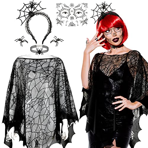 5 Pcs Halloween Spiderweb Costumes Accessories for Women, Spider Web Poncho Lace Spiderweb Hair Hoop Halloween Spider Tattoo Temporary Face Tattoo Spider Necklace Spider Earrings for Cosplay Party