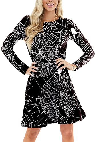 Halloween Spiderweb Dress for Women Holiday Party Swing Flare A-line Dress M