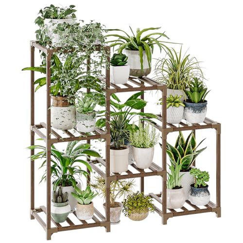 Bamworld Plant Stand Indoor Plant Shelf Outdoor Wood Plant Rack for Multiple Plants 3 Tiers Ladder Plant Holder for 7 Plant Pots for Living Room Boho Home Decor for Gardening Gifts
