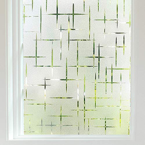 Finnez Frosted Window Film Non-Adhesive, Frosting Privacy Film for Glass Windows, Self Static-Cling Decorative Window Cling for Home Office UV Protection Cross Pattern 17.5 x 78.7 inches