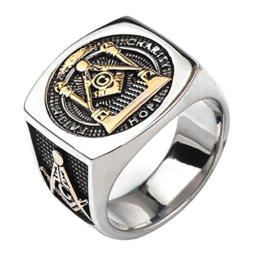 Titanium Stainless Steel Masonic Ring Compass Square G Pillars All Seeing Eye Freemason Master Mason Signet Ring for Men Women Gold Tone Size 11