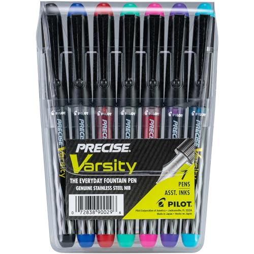 PILOT Pen 90029 Precise Varsity Pre-Filled Fountain Pens, Medium Point Stainless Steel Nib, Black/Blue/Red/Pink/Green/Purple/Turquoise, 7-Pack Pouch