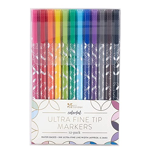 Erin Condren Colorful Ultra Fine Tip Markers 12-Pack. 12 Rich and Bold Colors. Water-Based Ink Markers. 0.5mm Fine Tip Great for Detailing and Drawing Fine Lines