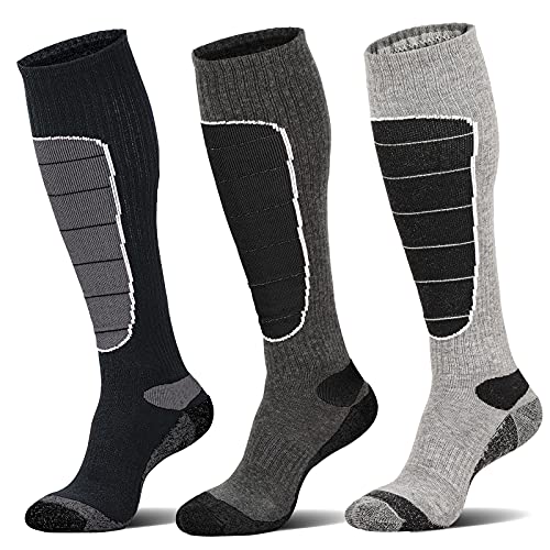 Merino Wool Ski Socks, Cold Weather Socks for Snowboarding, Snow, Winter, Thermal Knee high Warm Socks, Hunting, Outdoor Sports (3 Pairs (Black Grey Grey), Medium)