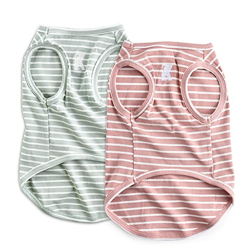 Koneseve Dog Shirt Vest Lightweight Stretchy Dog T-Shirts Soft Cool Shirts Sleeveless Stripe Vests Breathable Clothes for Puppy Kitty Cats Small Medium Large Dogs 2 Pack Pink + Green [ L/Large ]