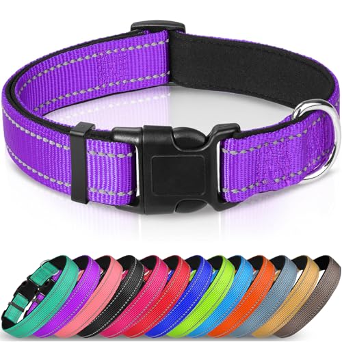 Joytale Reflective Dog Collar,Soft Neoprene Padded Breathable Nylon Pet Collar Adjustable for Large Dogs,Purple,L