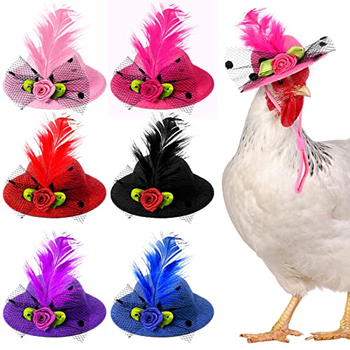6 Pieces Chicken Hats for Hen Mini Hat Chicken Helmet Accessories Feather Top Hat Funny Small Hat Tiny Pet Hat with Adjustable Elastic Chin Strap for Animal Costume (Fresh Color,Classic Style)