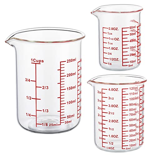 Ackers BORO3.3 High Borosilicate Glass Measuring Cup Set-V-Shaped Spout，Includes 60ml(2OZ), 120ml(4OZ), and 250ml(8OZ) Glass Measuring Beaker for Kitchen or Restaurant, Easy to Read