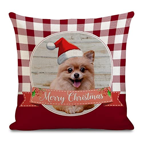 Buffalo Plaid Christmas Pillow Covers 22x22 Inch, Merry Christmas Pet with Red Hat Cushion Case Red Plaid Pillow Covers Farmhouse Tree Truck Rustic Christmas Decorations