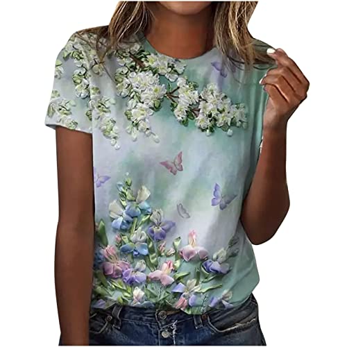 SKDOGDT Short Sleeve Shirts For Women Trendy Floral Graphic Tee Tops Loose Fit Crew Neck Workout T Shirts Cute Summer Blouses, A10#2 Green