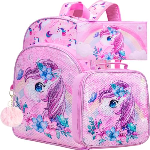 KLFVB 3PCS Unicorn Backpack for Girls, 16' Sequin Kids Bookbag and Lunch Box, Preschool Backpacks for Elementary Students