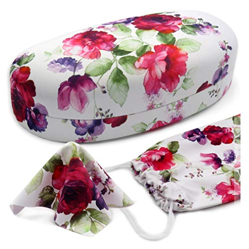 MyEyeglassCase Women Floral Sunglasses case - Hard Glasses Holder - Eyeglass Case Metal Hard shell in watercolor print for Medium - Large frames, with drawstring Pouch & Cloth (AS113 Cranberry Rose)