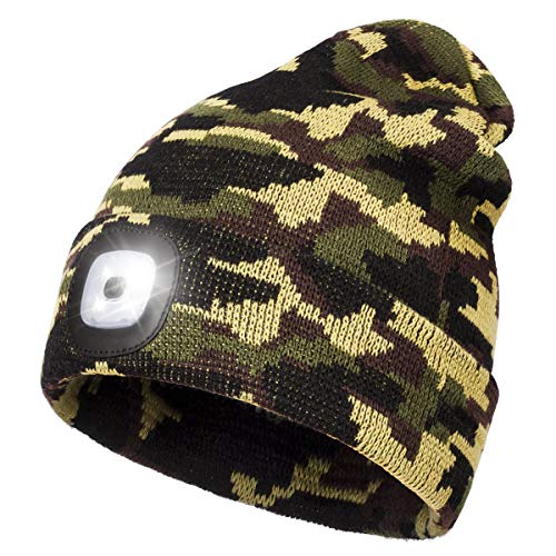 YunTuo LED Beanie with Light,Unisex USB Rechargeable Hands Free 4 LED Headlamp Cap Winter Knitted Night Lighted Hat Flashlight Women Men Gifts for Dad Him Husband