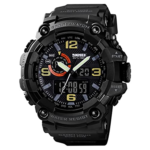 Bveufnd Men Digital Sports Watch Dual Time Display LED Military Wrist Watch, Shockproof Large Dial Men Wristwatches Outdoor Waterproof Alarm Watches (Black-Yellow)