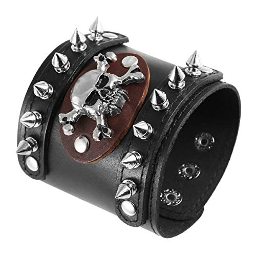 HZMAN Men's Metal Rivet Skull Leather Bracelet Punk Rock Bike Style Wristband Adjustable